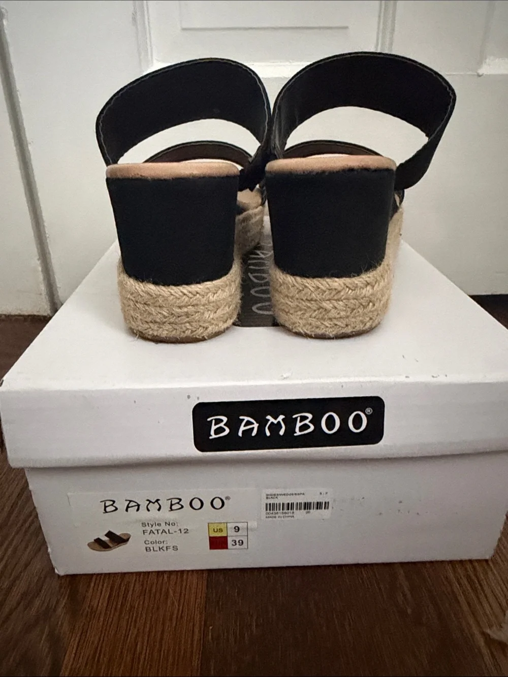 BAMBOO Black Dual-Strap Espadrille Wedge Slides